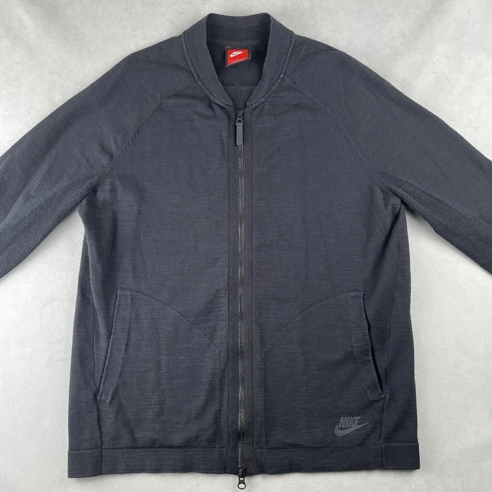 Nike Jacket Mens M Black Tech Knit Full Zip Bomber Mesh‎ Panels Comfy 810558-010